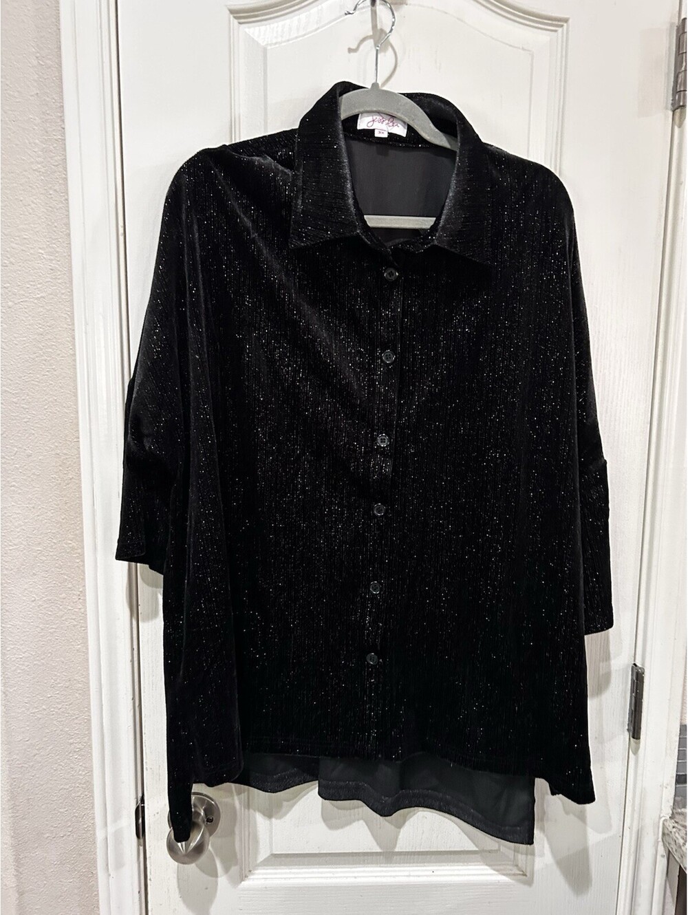 Jess Lea Black Velvet Shimmer Metallic Buttondown Short Sleeve 3X